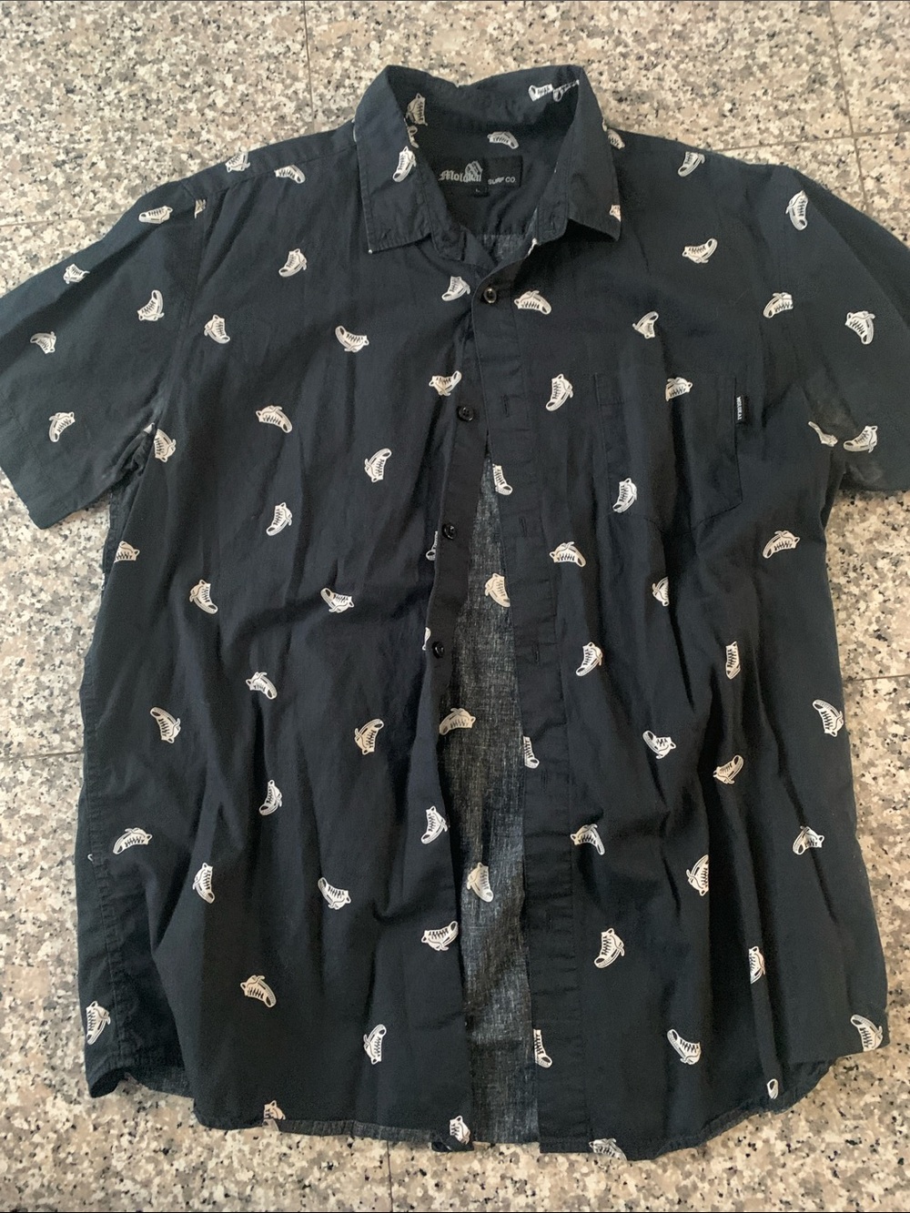 Men's Black Short-Sleeve Button-Up Shirt with White Motif